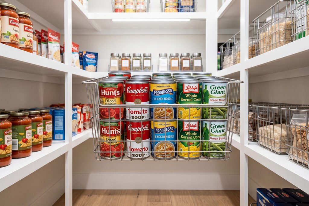 Clean home pantry showing canned goods arranged neatly with visible expiration dates