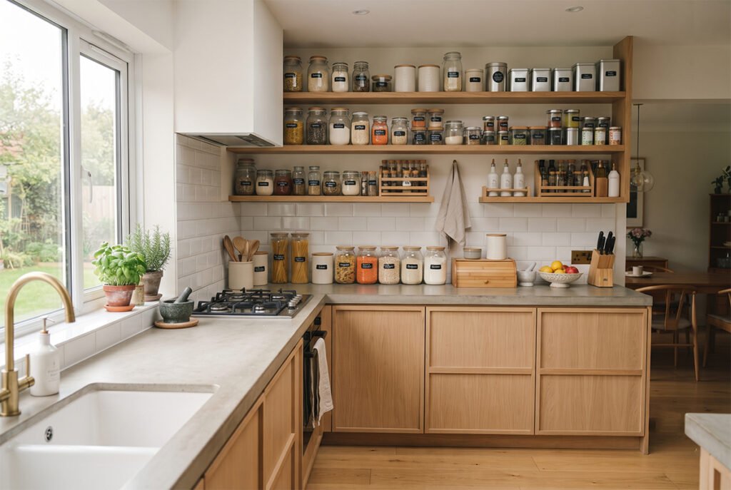 Clean kitchen setup highlighting non-plastic storage options like ceramic and glass containers
