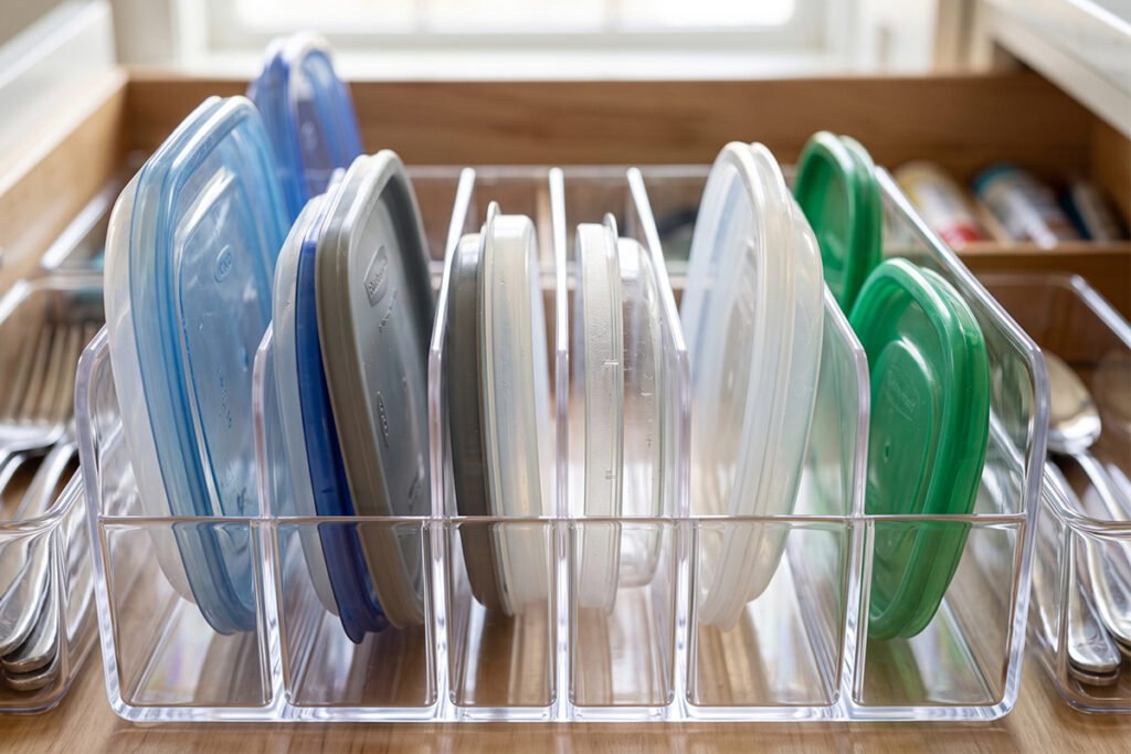 Clean plastic drawer organizer with customizable partitions holding container lids
