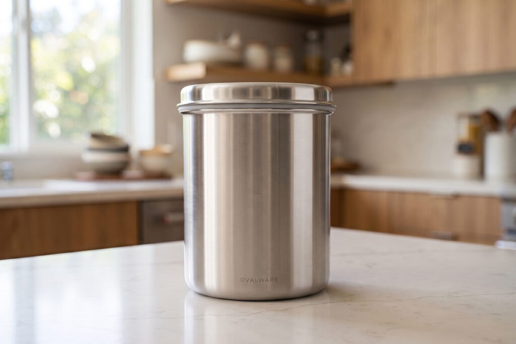 Clean stainless steel pantry container showcasing a spotless brushed finish
