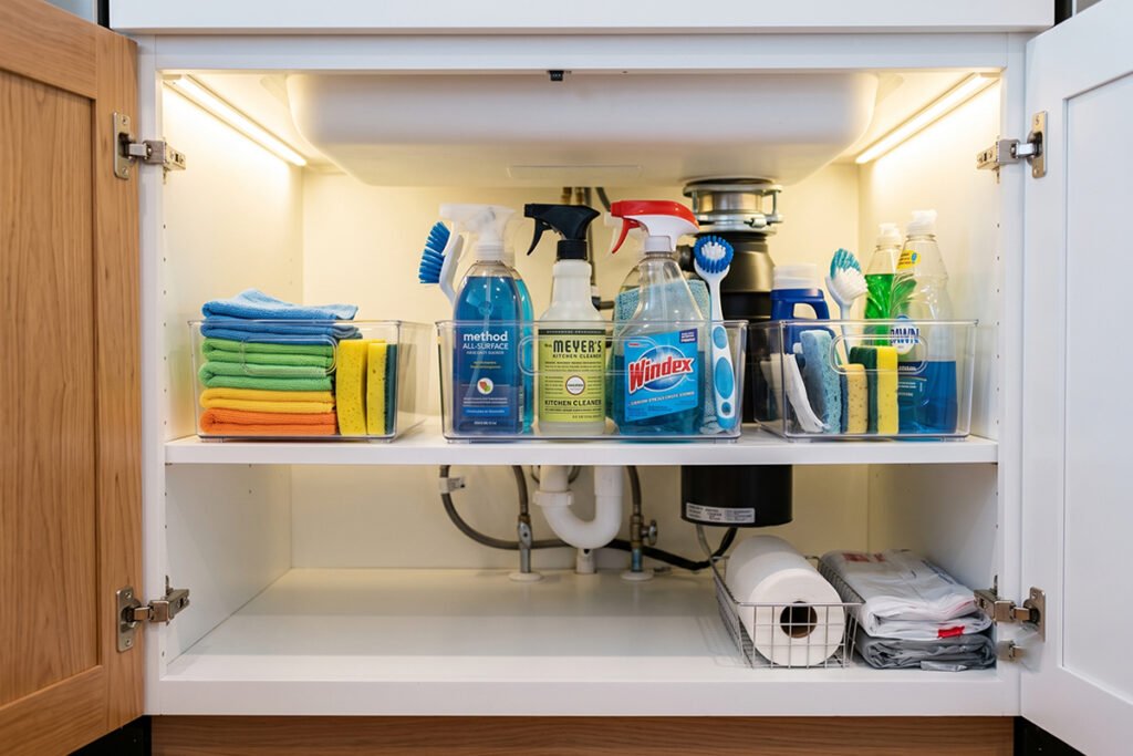 Cleaning supplies organized safely under a sink away from food storage cabinet zones.