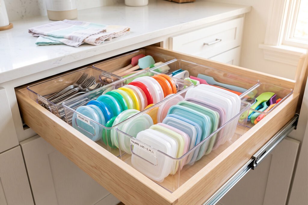 Clear acrylic drawer bins separating round lids from square container lids