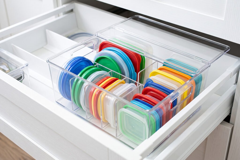 Clear acrylic lid bin fitted with internal dividers holding organized plastic container covers