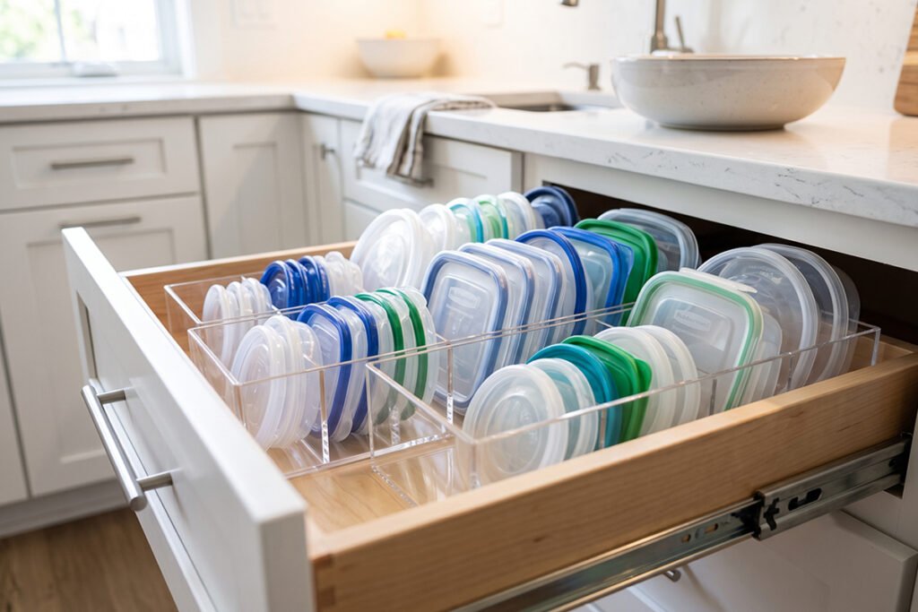 Clear acrylic lid organizer holding plastic container lids sorted by size in a kitchen drawer
