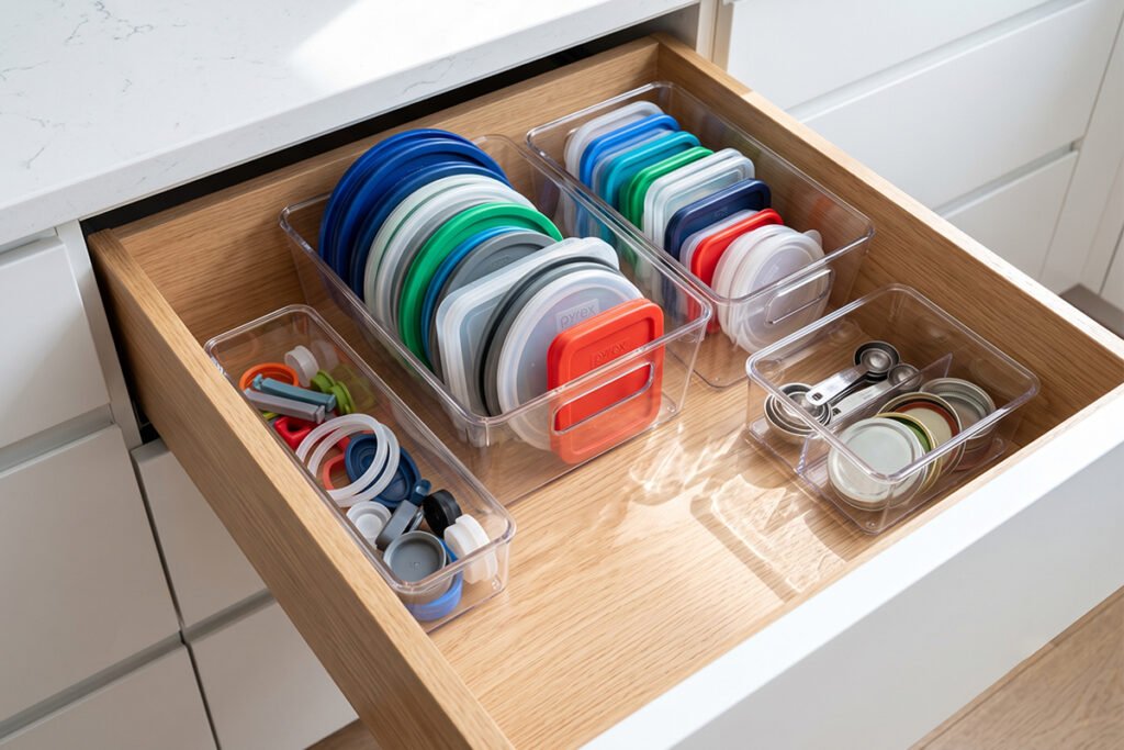 Clear acrylic storage bins grouped inside a deep drawer holding lids and small cont