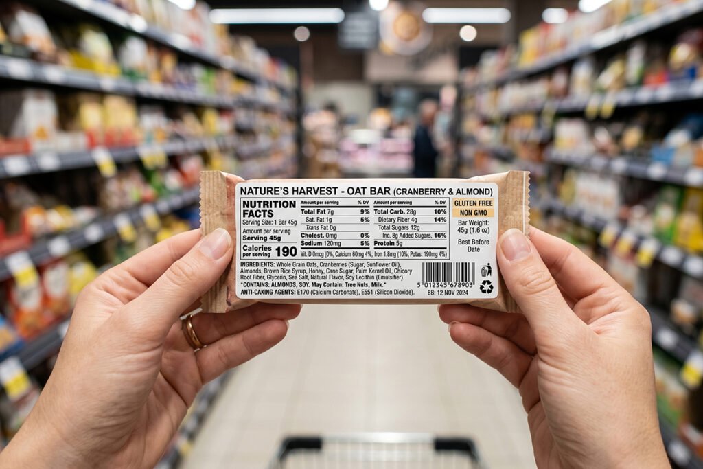 Clear dietary information label showing safe ingredient codes on food packaging.