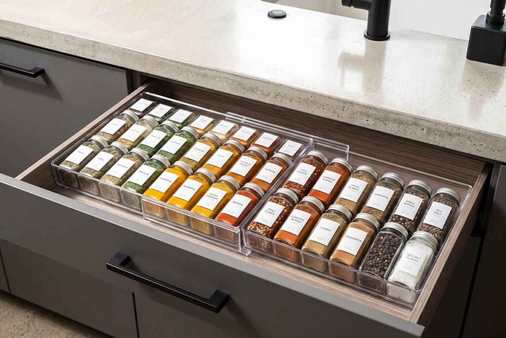 Clear expandable acrylic spice tray holding an array of colorful herbs and spices i