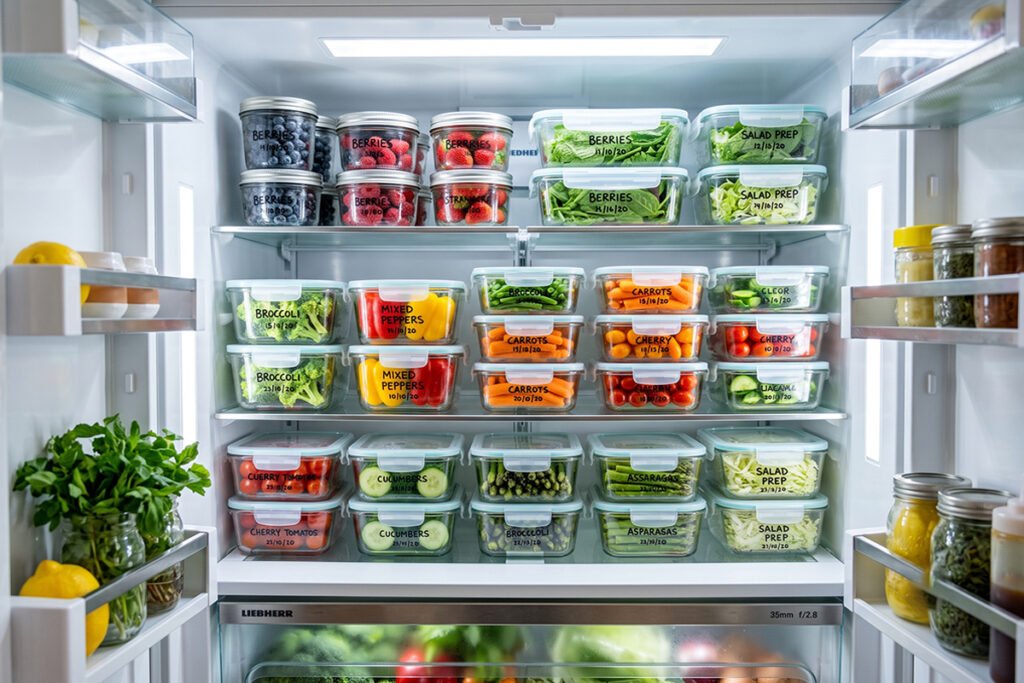 Clear glass food containers neatly stacked inside a refrigerator showing fresh produce