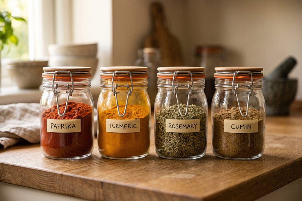 Clear glass spice jars with silicone gasket clamp lids