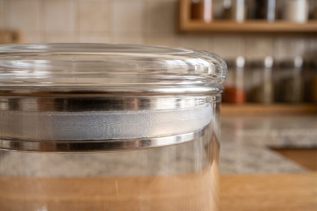 Close up focus on the rubber silicone gasket rim of a modern airtight spice container