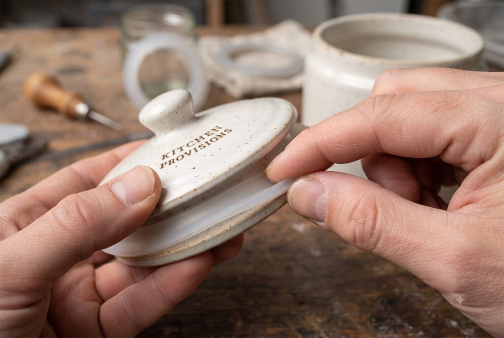 Close-up of a DIY food-grade silicone ring being fitted onto a ceramic jar rim