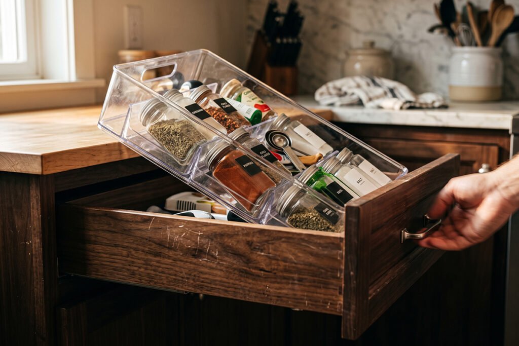 Close-up of a drawer organizer slipping out of place upon opening