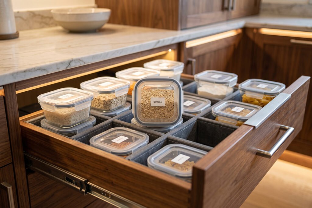 Close-up of a kitchen pull-out drawer with padded insert dividers holding stacked glass storage containers