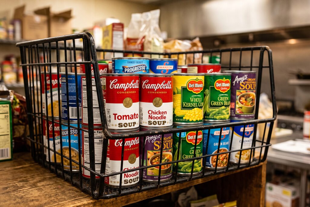 Close-up of an open-front heavy duty steel basket filled with canned soup and vegetables