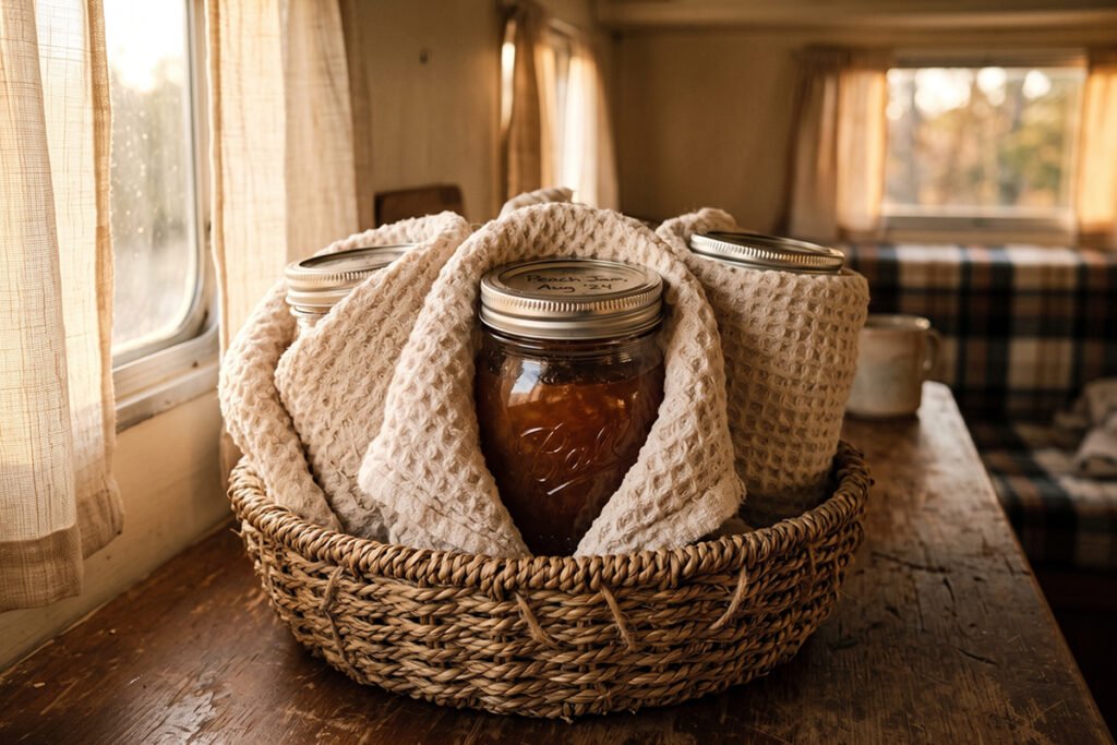 Close-up of dish towels tucked around glass jars inside a basket to prevent rattling (2)
