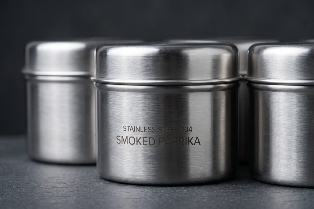 Close-up of durable 304 food-grade stainless steel spice canisters highlighting clean metallic finishes