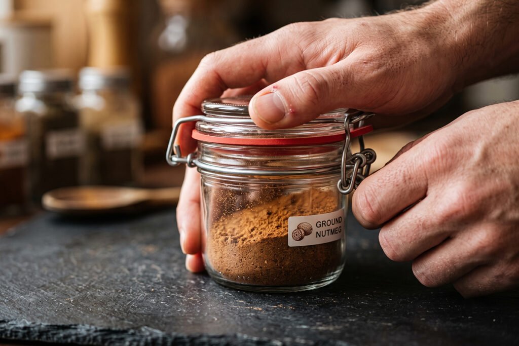 Close-up of hands tightening a glass spice jar with a rubber seal to prevent humidity.