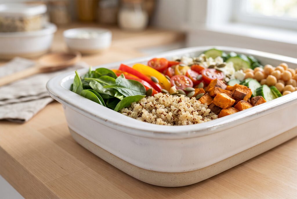 Close-up of healthy meal prep ingredients stored inside a clean ceramic container with a clear view of the rim