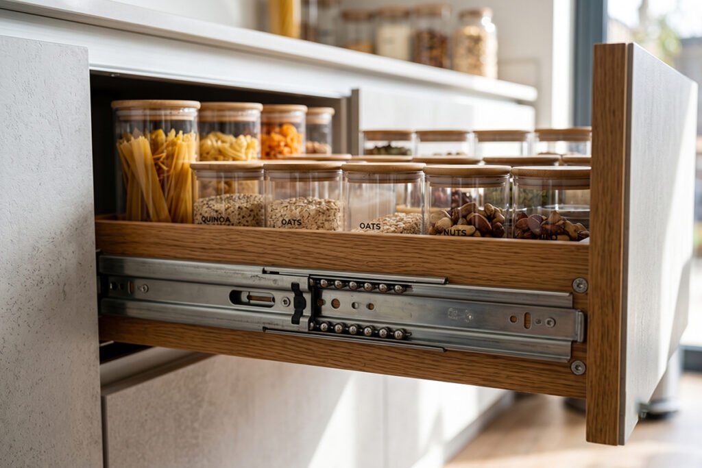 Close-up of heavy-duty ball-bearing drawer slides supporting a drawer full of glass storage containers