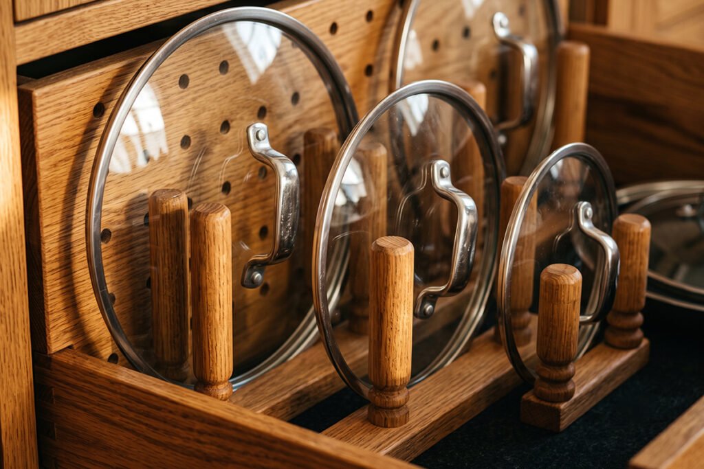 Close-up of heavy pot lids neatly supported by sturdy wooden pegs on a reinforced pegboard panel