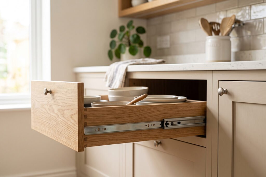 Close-up of non-slip shelf liner placed inside an open RV pantry cabinet with organized wire baskets