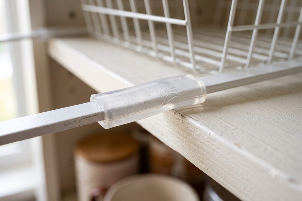 Close-up of protective rubber grips on the arms of a metal wire basket