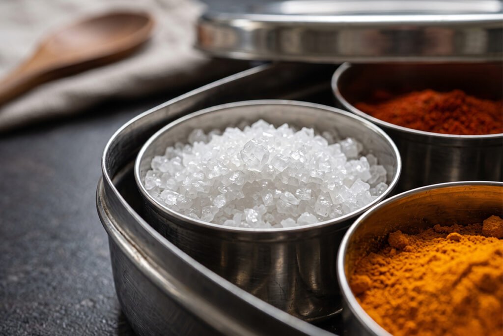 Close up of salt stored safely inside a dedicated corner cup of a spice box