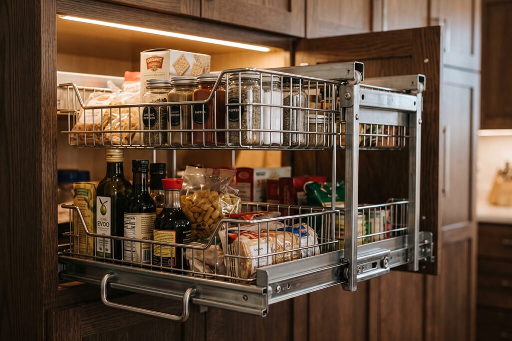 Close-up of wire basket inserts secured inside a hidden sliding pantry cabinet