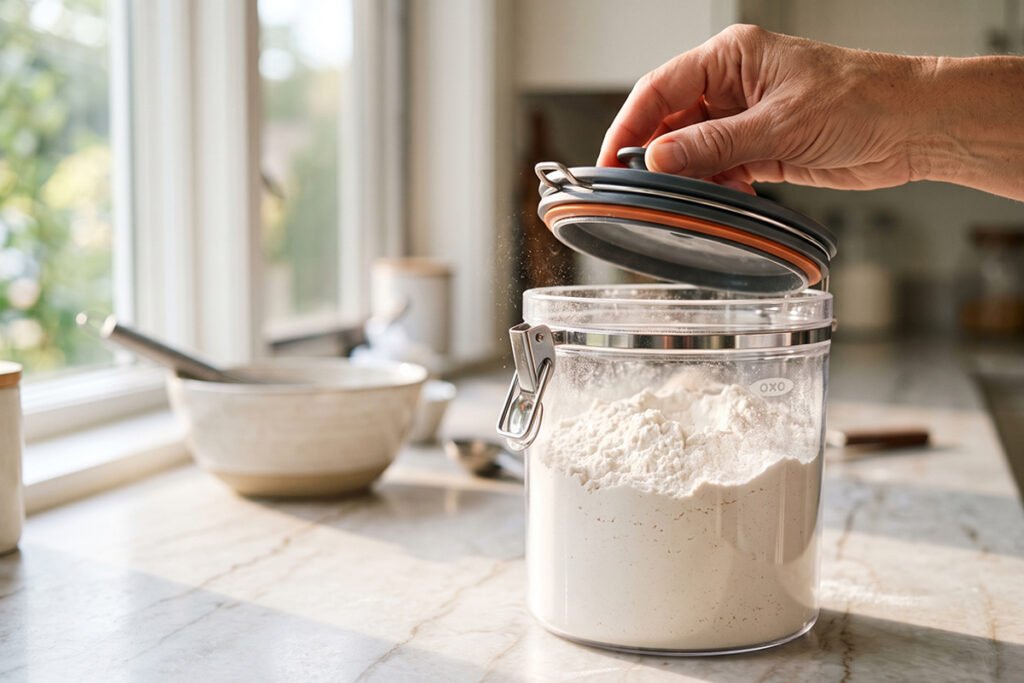 Close-up shot of a hand opening the airtight pop-top lid of a clear storage container