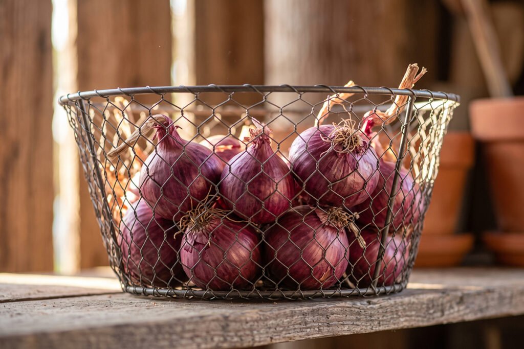 Close-up showing air circulation through fine wire mesh holding small red onions.