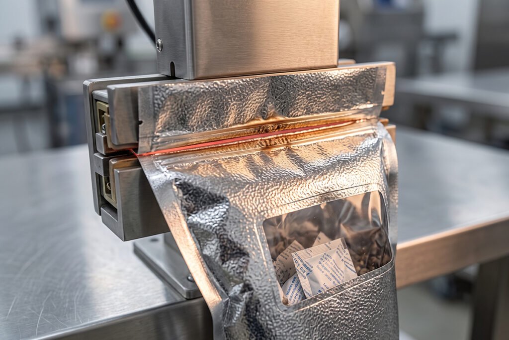 Close-up view of an impulse heat sealer sealing the top edge of a thick metallic Myla