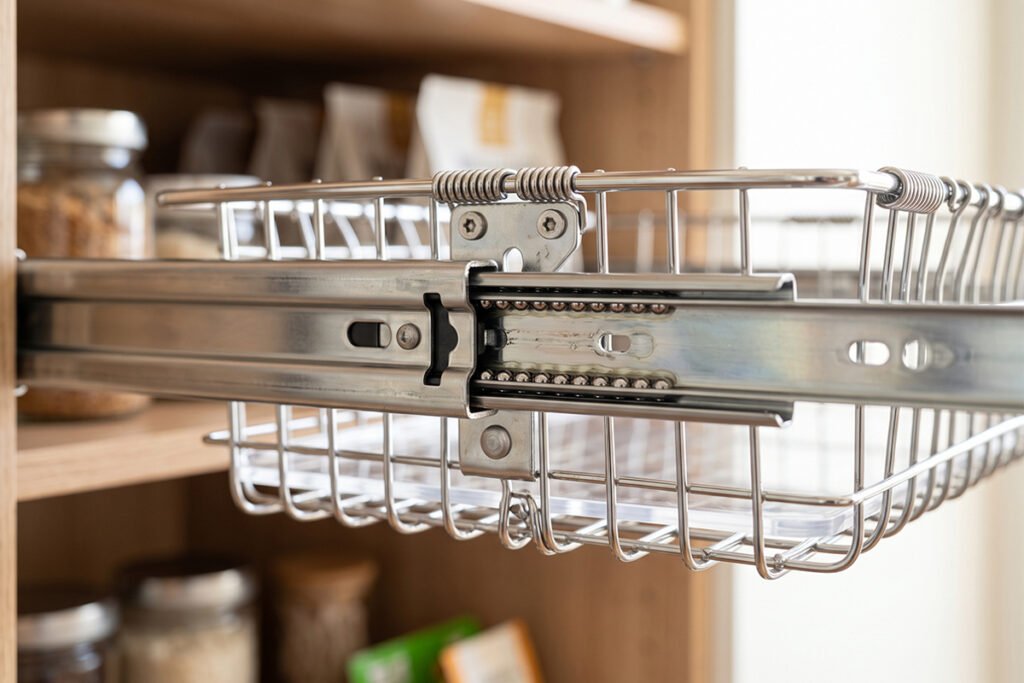 Close-up view of ball-bearing slide mechanism and clear acrylic base liner inside a wire basket