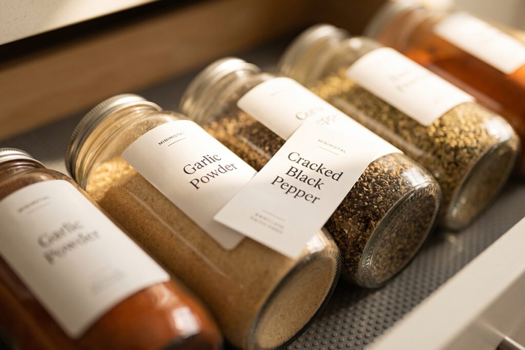 Close-up view of bulk spice jars lying on a custom non-slip drawer rack tier