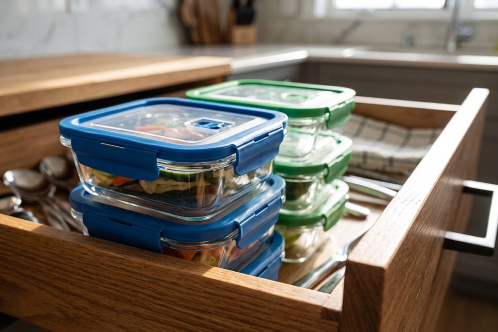 Close-up view of neatly stacked glass containers with rubber-rimmed lids sitting in a kitchen drawer