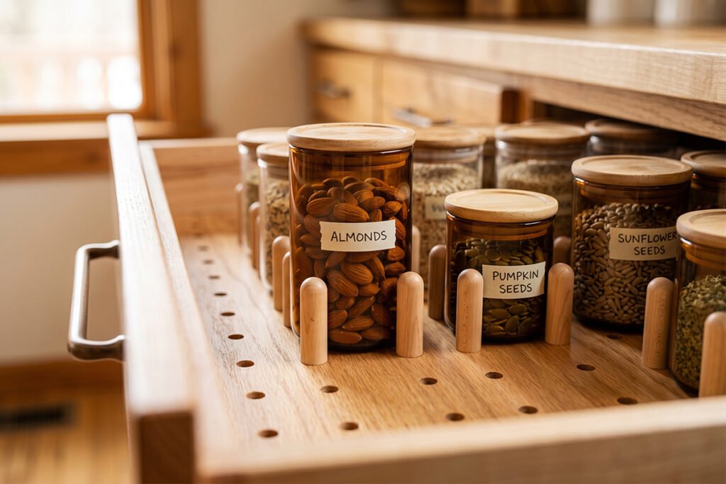 Close up view of pegboard divider system with repositionable wooden pegs