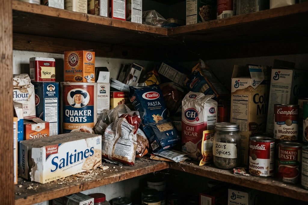 Cluttered corner pantry shelf showing lost packages shoved into deep corners