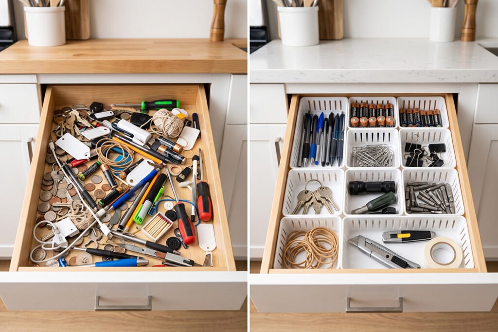 Cluttered junk drawer contrasted next to a neatly divided drawer using grid inserts