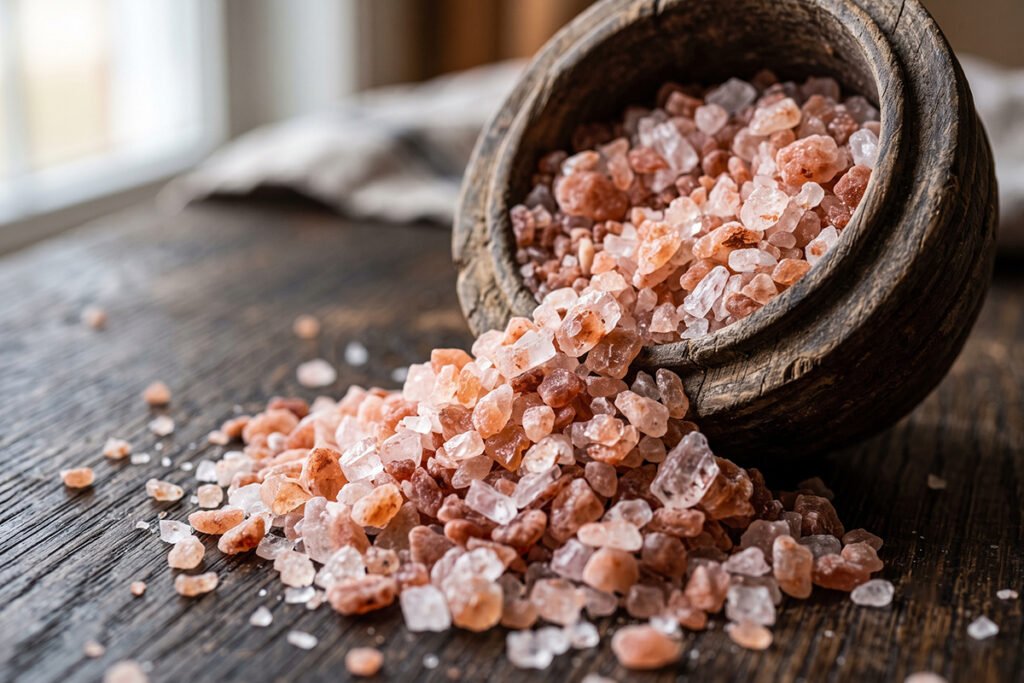 Coarse pink Himalayan rock salt crystals stored in an open wooden cellar.