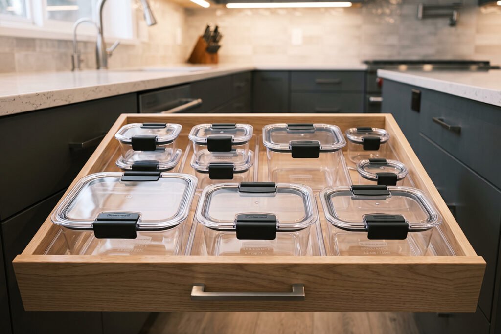 Collection of crystal-clear Rubbermaid Brilliance food containers arranged neatly in a drawer.