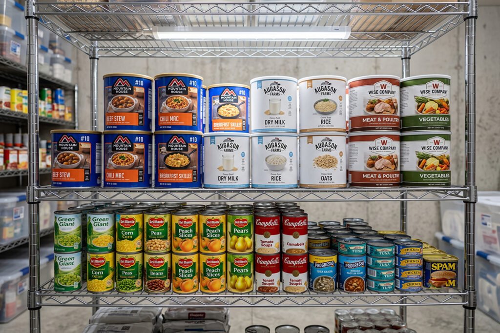 Collection of long-term survival canned goods and freeze-dried tins on wire shelves
