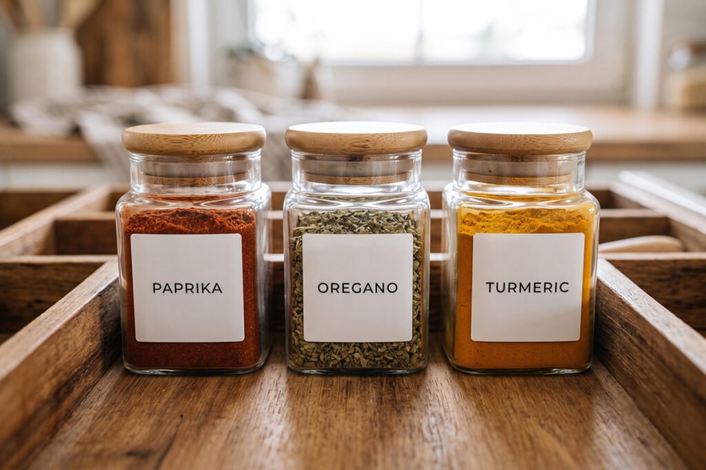 Collection of matching square glass spice jars with bamboo caps and minimalist l
