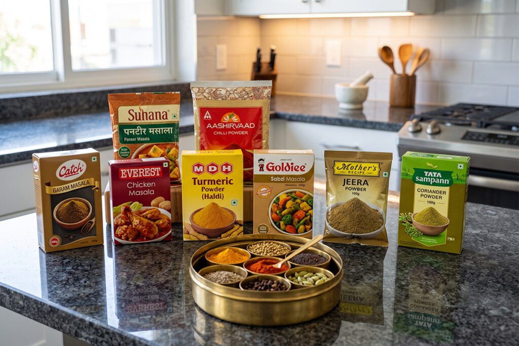 Collection of popular Indian spice brand packages displayed neatly on a counter
