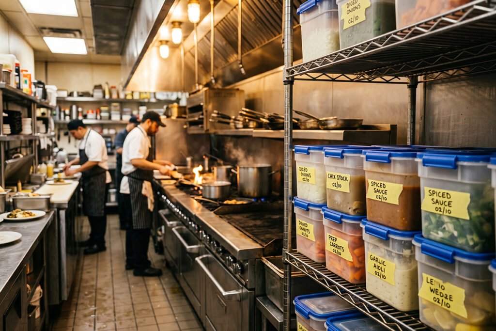 Commercial kitchen line featuring labeled food-grade plastic containers holding bul