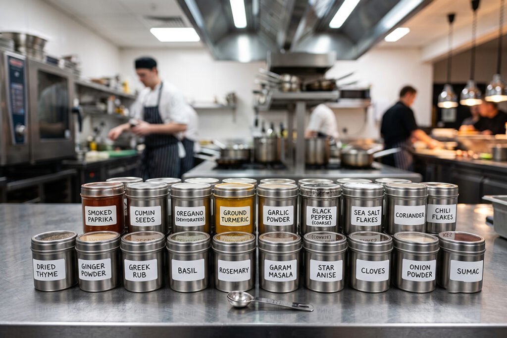 Commercial kitchen stainless steel spice storage tins neatly labeled