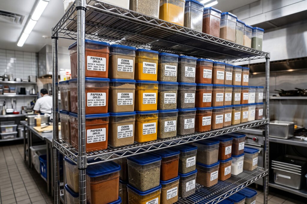Commercial kitchen storage shelf featuring bulk plastic containers with date labels