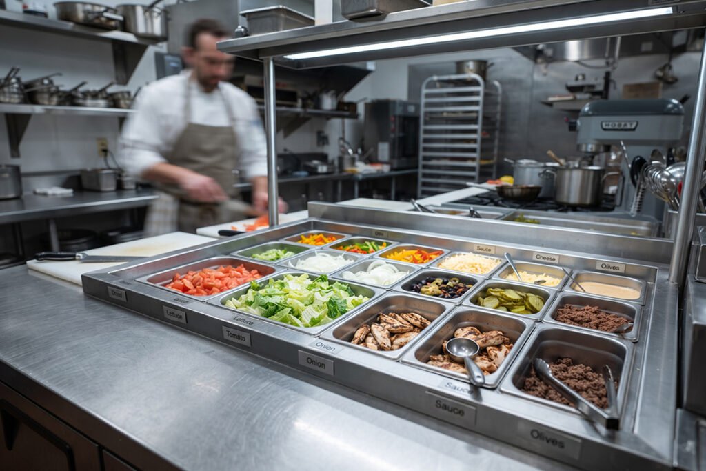 Commercial stainless steel food pans organized in a professional kitchen station