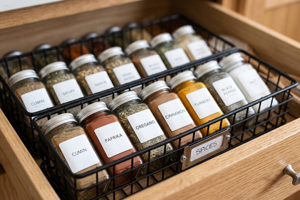 Compact black wire baskets from a budget store holding small spice jars