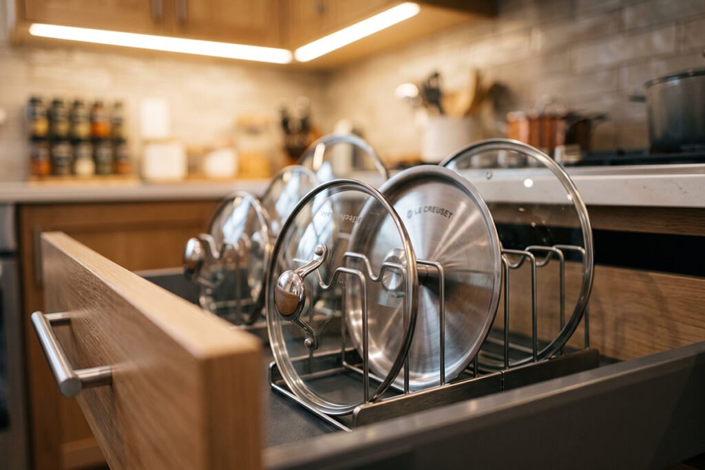 Compact kitchen drawer equipped with an ultra-slim expandable wire rack holding small saucepan lids