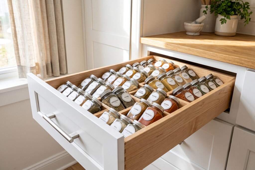 Compact kitchen drawer maximizing small space with an expandable tiered spice rack