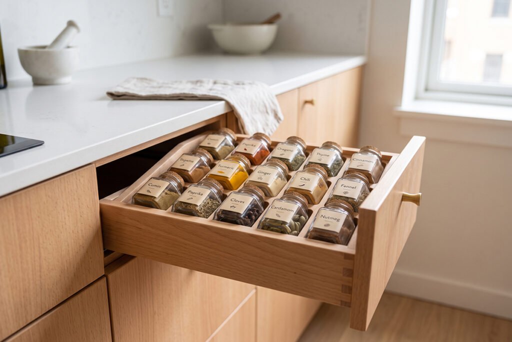 Compact narrow kitchen drawer using a small wooden insert for minimalist spice s